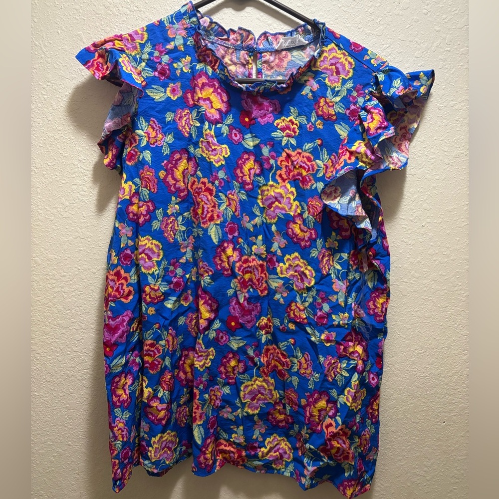Emily Wonder Floral Ruffle Sleeve Top Size XL EUC Boho Boutique Blouse